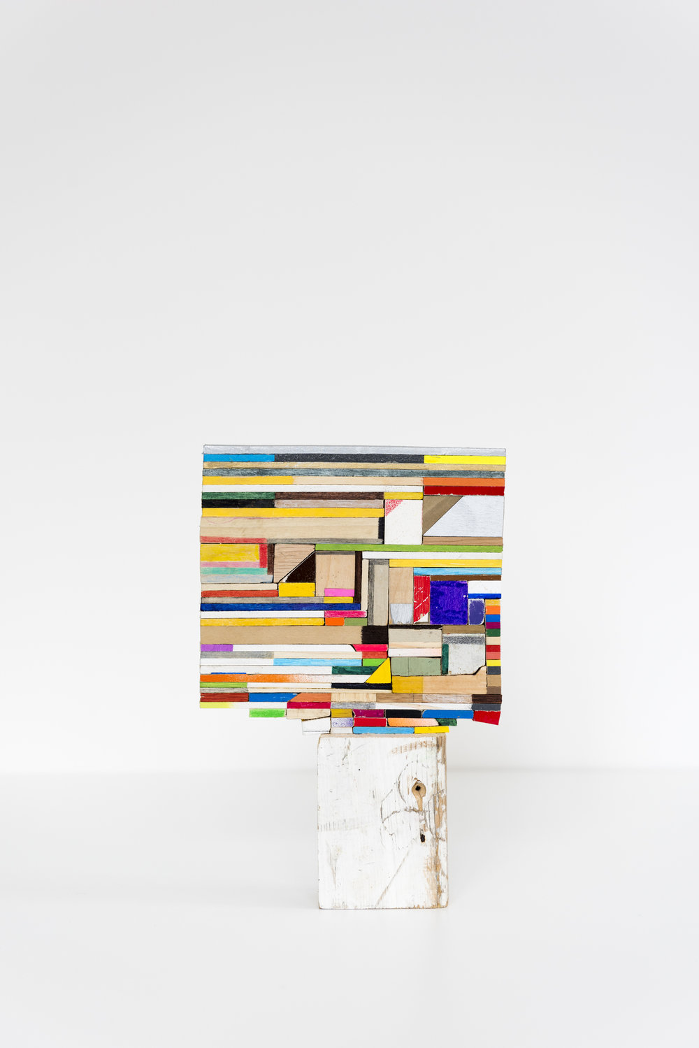 Damien Hoar de Galvan    square guy , 2016  Wood, various paints, ink, graphite and glue 10 x 6.5 x 1.5"
