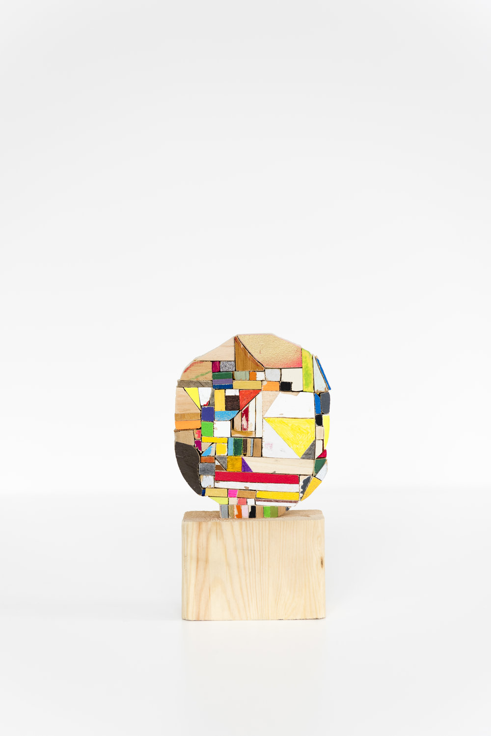Damien Hoar de Galvan    anxious head , 2016  Wood, various paints, ink, graphite and glue 7 x 4 x 1.5